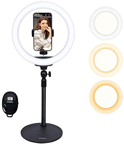 Xeneo 25,4 cm Desktop-Selfie-Ringlicht mit Ständer und Handyhalterung für iPhone Android, 3 Lichtmodi, dimmbares LED-Ringlicht für YouTube/Videoaufnahmen/Streaming/Make-up mit Fernauslöser, Schwarz
