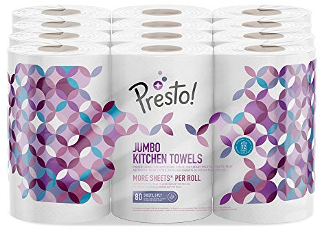 Amazon Brand - Presto! Jumbo Kitchen Roll, 3-ply, Strong and Absorbent, 12 Rolls (4 Packs of 3), 80 Sheets per Roll, 960 Count, FSC Certified, White