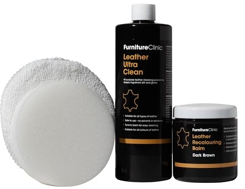 Furniture Clinic Kit de Restauration du Cuir (Brun) | Comprend Un baume recolorant, Un Produit nettoyant, Une éponge et Un Chiffon pour Meubles, sièges de Voiture, Chaussures et Sacs