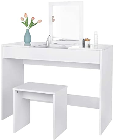 eSituro White Dressing Table, Bedroom Foldable Makeup Desk with Drawers, Mirror and Vanity Chair