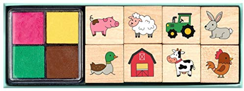 Moses Bauernhof Stempelset für Kinder | 8 verschiedene Stempel aus Holz | Set mit Kinderstempeln und vierfarbigem Stempelkissen | In praktischem Geschenkkarton mit Sichtfenster