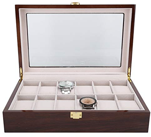 Uhrenbox mit 12 F?chern, Uhrenkasten mit Glasdeckel 12 Uhren, Uhrenbox Uhr Aufbewahrungs?box aus Massiv Holz mit Glas Vitrine und Metallverschl¨¹ss Uhren und Schmuck 31,2 x 20 x