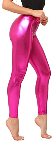 winying Damen Wetlook Hose Lack Leder Leggings Tights Stretch Hot Pants Hüfthose Clubwear Fasching Karneval Bein Stulpen Hot Pink Einheitsgröße