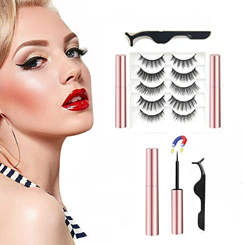 ZHENTIAN Faux Cils adhesifs Magnétique,cils magnétiques naturels 3D réutilisables, Imperméable Lisse Sans Colle Requise, 5 paires de cils magnétiques-Deux eye-liner Magnétique