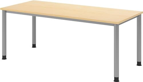 bümö höhenverstellbarer Schreibtisch H-Serie 180x80 cm in Ahorn, Gestell in Silber - großer PC Tisch für's Büro manuell höhenverstellbar, Computertisch verstellbar