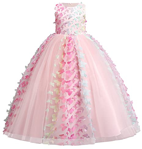 Papillon Robe Fille Enfant Princesse Mariage Appliqué 3D Robe Demoiselle d'honneur Soirée sans Manches Tutu Tulle Longue Fantasie Anniversaire Carnaval Fête Pageant Cérémonie 4-14 Ans
