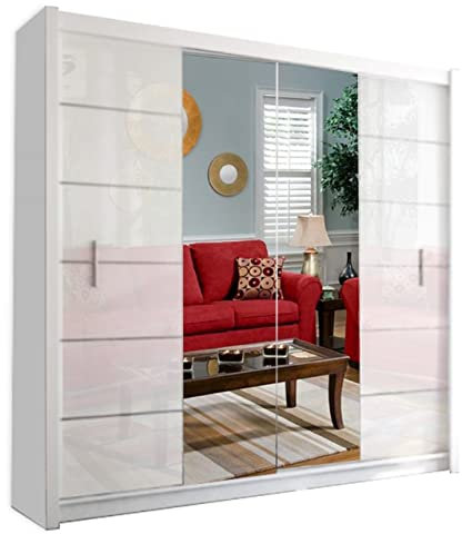 Modern Double Sliding Door Wardrobe 2 Mirrored Hanging Rails & Shelves Storage Cabinet for Bedroom (150cm, Lisbon White)