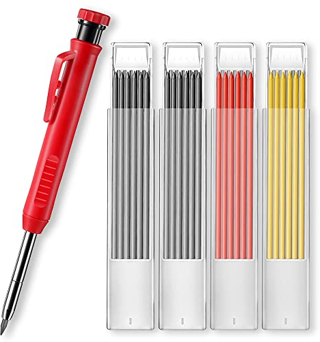Tieflochmarker, 24 Stück Tieflochmarker Bleistift, Baustellenstift, Tischler Bleistift mit 43-mm-Langer Feder, und Eingebautem Anspitzer für Holzarbeiten, Zeichnung,Bauarbeiten,Heimwerkerprojekte usw.