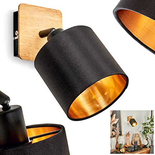 Wandleuchte Alsen, verstellbare Wandlampe aus Holz/Metall/Stoff in Natur/Schwarz/Kupferfarben, Leuchte im skandinavischen Design mit verstellbarem Schirm (Ø 12 cm), 1-flammig, E14, ohne Leuchtmittel