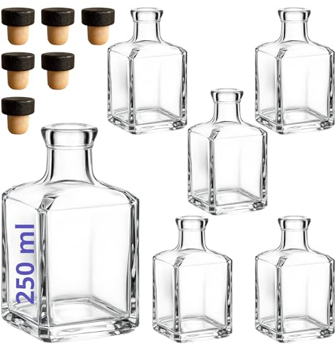 gouveo Set of 6 Cube Glass Bottles 250 ml with Black Cork Stoppers – Empty 0.25 L Square Bottles for Liquor, Oil or Decorative Use (CFET250HGKSZ)