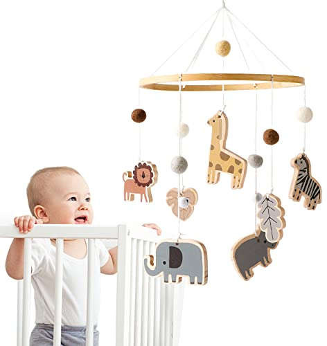 Promise Babe Mobile Baby Tier Windspiele mit Filzbällen Giraffe Löwe Elefant Zebra Mobile Babyzimmer Holz Gehäkelt Mobile Neugeborene Jungen Mädchen Nilpferd Blätter Bettglocken Babybett Crib Deko
