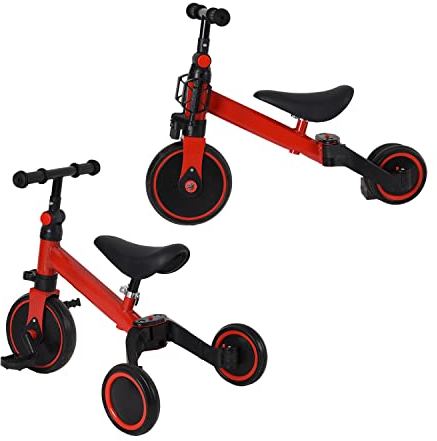 Baby-Dreirad, mitwachsendes Dreirad, Kinderfahrrad, skalierbares Mini-Laufrad/Laufrad, ohne Schiebegriff, für Mädchen und Jungen, mit/ohne Pedalen (schwarz-rot)