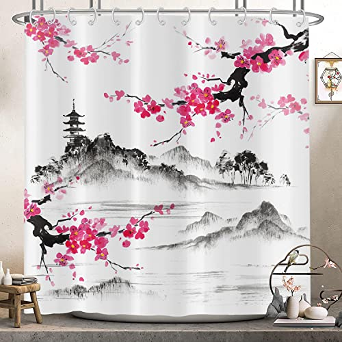 Hnmdmyi Rideau de Douche Asiatique Style Japonais Fleurs de Cerisier 180x200, Aquarelle Montagne Art Imperméable Polyester Tissu Lavable Rideau de Bain