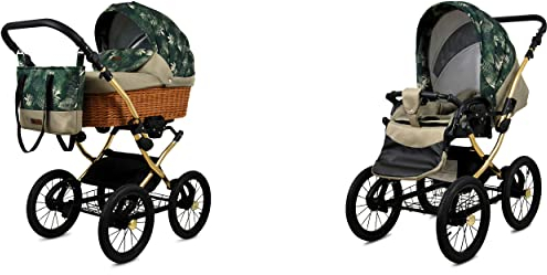 BabyLux ALU 2in1 Kinderwagen für Kleinkinder – Kinderwagen für Neugeborene und Kleinkinder – Baby Neugeborenen Kinderwagen – 59x105x125cm – Max. 15kg – Fern Leaf Gold Frame