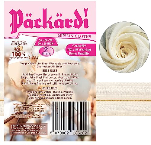 PACKARDI Cheesecloth Pack of 2 Muslin Cloths for Cooking 50x50 cm, Grade 90+ Reusable and Washable Cheese Cloths for Straining, 100% Unbleached Pure Cotton Lint Free Cheese Cloth