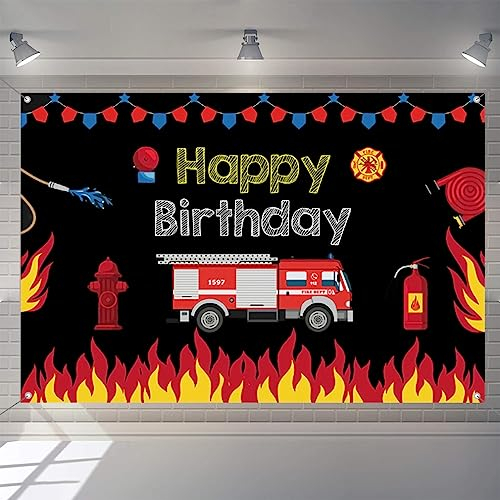 Firetruck Themed Birthday Backdrop Fireman Fire Truck Firefighter Background for Boy Kids Feuerwehrauto Thema Geburtstag Hintergrund für Jungen Kinder Geburtstag Party Dekorationen Banner