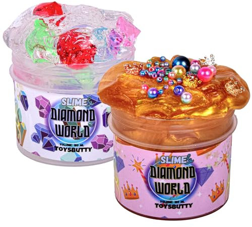 ToysButty 2 Schleim Set mit Klarer & Golden Schleim für Kinder, Schleim Vorgefertigt in Behältern, Erstellen Sie mit Diamanten-Thema, 5 Zubehör Schleim selber Machen Set Jungen Mädchen Kinder Toys
