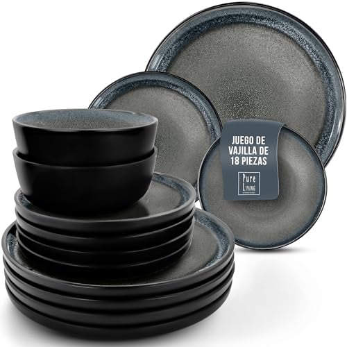 Steingut Geschirrset 6 Pers. Ibiza 18-tlg Hochwertiges Mediterranes TEST SEHR GUT Steingut Geschirr Set - Schüssel- und Teller Set - Tafelservice 6 Personen Geschirrsets Pure Living in Grau