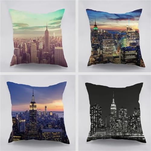 Zoordar 4er Set Kissenbezüge Dekorative Sofakissen New York City Landschaft Quadratischer Kissenbezug Modern Leinen Kissenhülle mit Verstecktem Reißverschluss für Sofa Couch Schlafzimmer 55x55cm