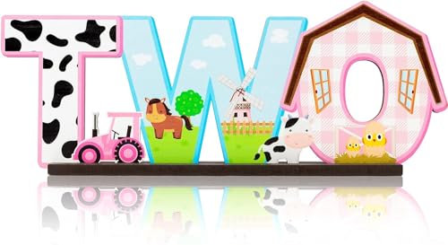 EGuangwiua Bauernhof Zwei Tisch-Dekoration - Rosa Bauernhof-Tiere Zwei Briefzeichen Holz Tisch-Dekoration 2. Geburtstag Bauernhof-Party Schild Zwei Jahre Alt Geburtstag-Party-Dekorationen Baby-Dusche