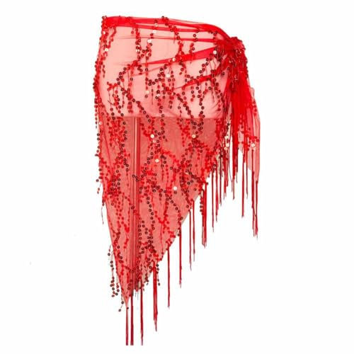 SHTGOI Fransenrock Bauchtanz Rock mit Pailletten Dreiecke Wickelröcke Hüfttuch Glitzer Rave Fransen Rock Bauchtanz Gürtel Hüftwickelschal Rave-Outfit für Damen Samba Tango Lumba Kostüm Rot