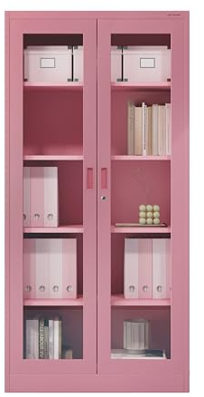 Jan Nowak Metallschrank mit Glasvitrine Aktenschrank Büroschrank Aufbewahrungsschrank 4 verstellbare Fachböden Sicherheitszylinderschloss Pulverbeschichtung 185 cm x 90 cm x 40 cm (Rosa)