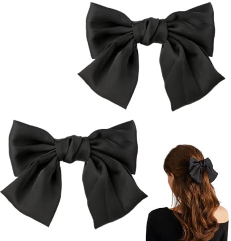 ZEVONDA 2 Pack Bow Hair Clips - Silky Satin Ribbon Hair Bows Barrettes with Metal Clasp Bow Hair Pins Solid Color Sweetness butterfly Clips Hair Accessories for Girls Women, Black*2