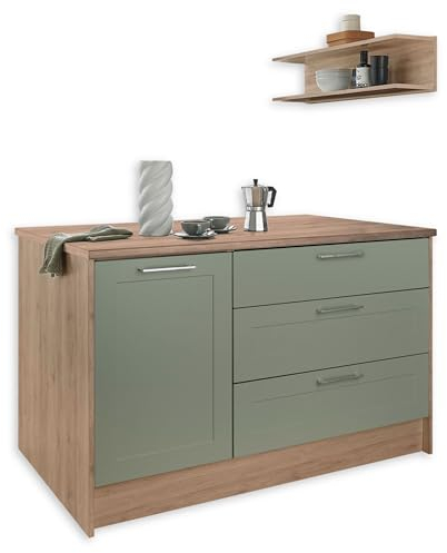 Stella Trading Marsella Moderna Independiente en Color, Aspecto, espaciosa Isla de Cocina con encimera, Madera de ingeniería Acero Inoxidable, Verde Caña Roble San Remo, Kücheninsel