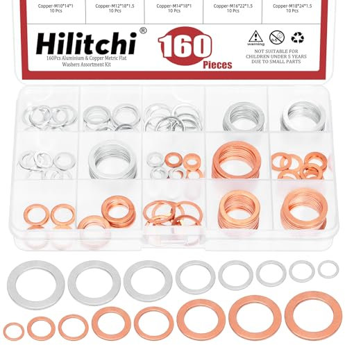 Hilitchi Assortiment de 160 joints de bouchon de vidange d'huile de 16 tailles M6 M8 M10 M12 M14 M16 M18 M20 Rondelles d'étanchéité plates en aluminium et cuivre pour la plupart des automobiles