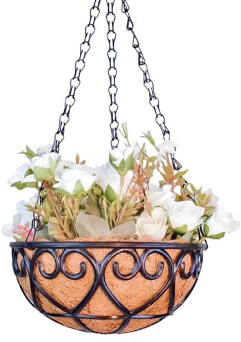 Fioriera da appendere in metallo, vaso da fiori da appendere, vaso da giardino da 25,4 cm, in filo metallico, per esterni, prato, giardino, fioriera in metallo da esterni, gancio per piante da