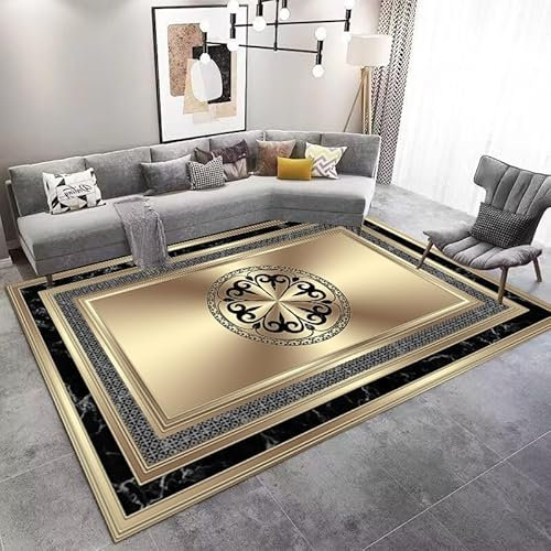 Teppich Gold Schwarz Mikrofaser Kurzflor Weich Flauschig, Waschbar Rugs,Für Türmatte, Wohnzimmer,Schlafzimmer, Eingangsbereich, Küche,Waschküche200X300Cm