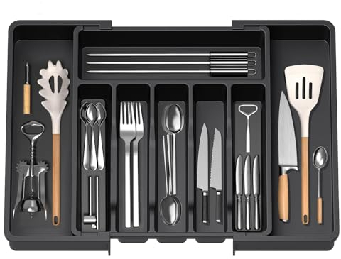 HIYAA Bandeja de utensilios extensible para cajón, organizador de cajones para cocina, soporte de almacenamiento de plástico para cubiertos, cucharas, tenedores, etc,negro