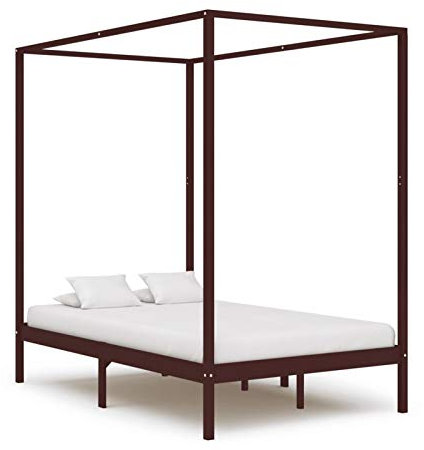 Chaduof Himmelbett-Gestell, Bett, Bettgestell, Jugendbett, Schlafzimmer Bett, Bed Frame, Dunkelbraun Massivholz Kiefer 120 x 200 cm