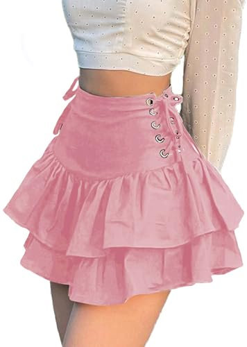 DINGJIUYAN Goth Estetica Nero Pieghe Gonna Vintage Ruffle Mini Gonne Streetwear Vita Alta Occhiello Bandage Gonne Estive, rosa, M