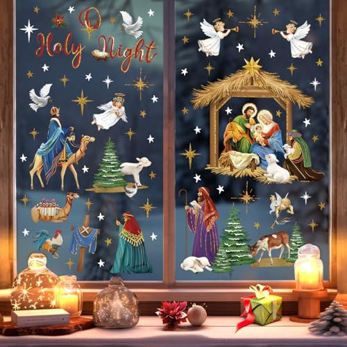 decalmile Weihnachten Fensteraufkleber Krippe Jesus Fenster Abziehbilder Jesus Geburt Engel Tannenbaum Anti-Kollision Fensterfolie Statische Aufkleber Weihnachts Religiöses Geschenk