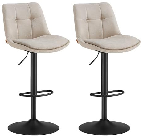 VASAGLE Juego de 2 Taburetes de Bar, Sillas Altas Giratorias Regulables en Altura, Sillas de Cocina con Respaldo y Reposapiés, Comedor, Mostrador, Acero, Blanco Crema LJB195W02