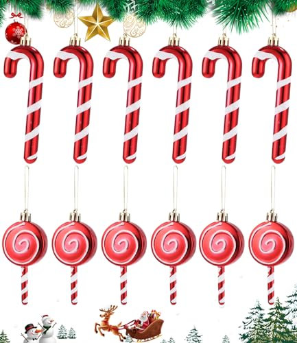 Bixury 12 Stück Zuckerstangen Weihnachten Deko, Weihnachtskugeln Zuckerstangen Deko, Christbaumschmuck Rot Glitzer Lutscher Rot Weihnachtsbaum Anhänger, Zuckerstangen Weihnachtsbaum