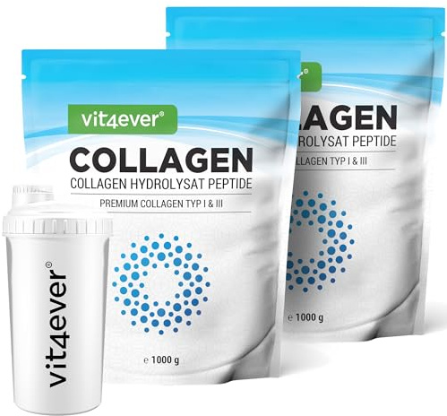 vit4ever Collagen Pulver 2000 g + Shaker - Kollagen Typ 1 & 3 | bioaktives Kollagen Hydrolysat Peptide, geschmacksneutral, Laborgeprüft