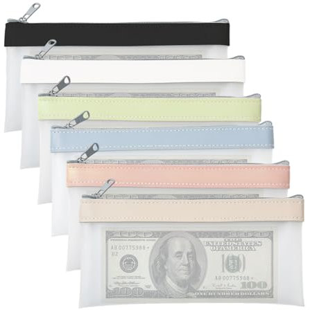 6 Pièces Sacs d'argent avec Fermeture Éclair, Pochette d'argent, Enveloppes d'argent, Sac de Banque, Organisateur d'argent Transparent, Porte-Monnaie pour Économiser, Chèque, Reçu