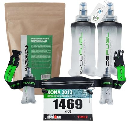 RaceFuel Energy Kit Basic, 1kg Maltodextrin Kohlenhydrat Pulver, Laufgürtel Startnummernband mit 2X 150 ml Softflasks, DIY-Energy-Gel, Laufgurt, Faltbare Trinkflasche für Laufen