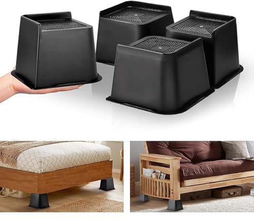 Dokeno Lot de 4 Rehausseurs Meubles, Carrés Rehausseurs de Lit Robustes de 10,2cm, Jusqu'à 2721,6kg en Forme de L, Hauteur de Levage pour Canapé, Chaise, Bureau, Table, Bibliothèque (Noir, 10,2cm)