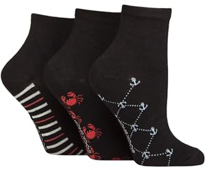 SockShop Women's Bamboo Ankle Socks - Plain, Patterned, Striped, Floral, Colourful, Bright, Smooth Toe Seams 3 Pairs Size 4-8 (UK, Numeric, 4, 8, Regular, Regular, Patterned Sole Black/Nautical)