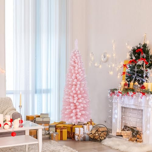 COSTWAY Sapin de Noël Artificiel Rose 150 cm, Arbre de Noël Floqué de Neige, 328 Branches, Support en Métal Pliable, Sapin en Forme de Crayon, pour Les Fêtes, la Maison, Le Bureau