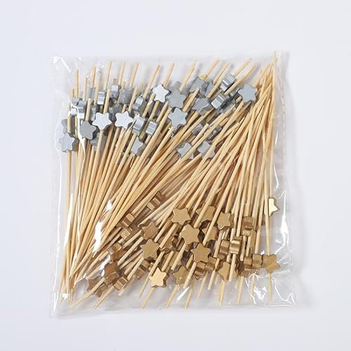 AILEXI Palillos de cóctel de madera, 100 unidades, suministros para fiestas, con volantes, alimentos, frutas, sándwich, estrellas doradas y plateadas