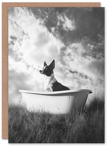 Artery8 Greeting Card Collie in a Bathtub Black White Surreal Dog Lover Blank For Him Or Her Art Birthday Card