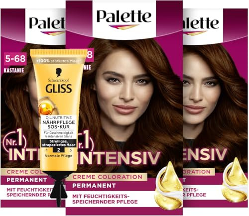 Palette Intensiv Creme Coloration 5-680/650 Kastanie (3x 115 ml), permanente Haarfarbe für leuchtende, langanhaltende Farbbrillanz & SOS-Intensiv-Kur Oil Nutritive (15 ml) Haarkur