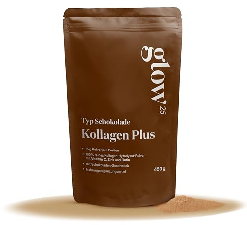 Glow25® Collagen Plus Pulver Schokolade [450g] - Kollagen Hydrolysat mit Vitamin C, Zink und Biotin - Peptide Typ 1 und 3 - Gute Löslichkeit - Kakao Geschmack