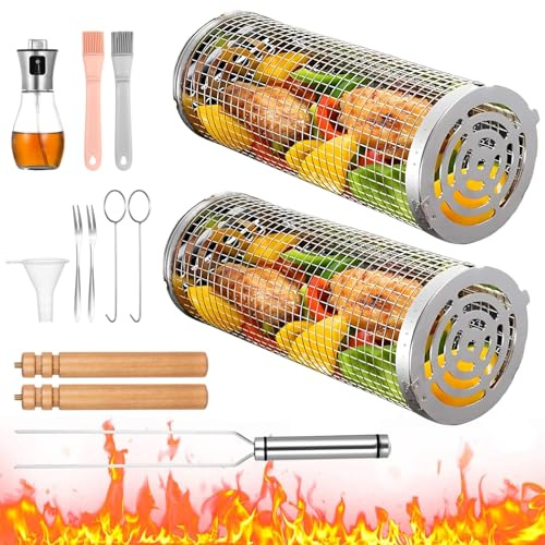 2 PCS Rolling Grilling Baskets for Outdoor Grill BBQ, Stainless Steel Cylinder Grill Mesh Barbeque Grill Accessories, Outdoor Round BBQ Stainless Steel Grill Basket Campfire Grill Grid