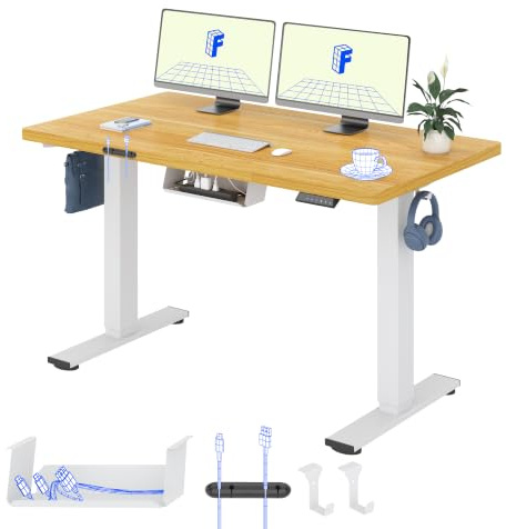 FLEXISPOT Escritorio Elevable Eléctrico con Tablero Entero 140 × 80 cm | Estructura de Acero Estable, 4 Memorias, Altura Ajustable, 2 Ganchos, Detección Obstáculos, Garantía 5 Años, Blanco + Arce