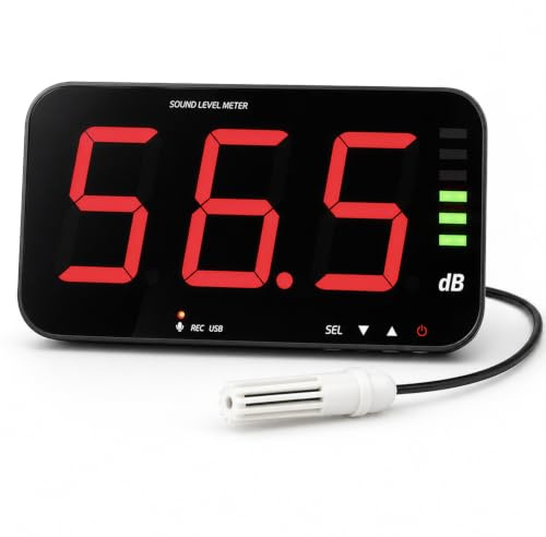 Decibel Meter Wall Hanging Sound Level Meter Recorder 13 Large LCD Display with 6.4ft Corded Sound Sensor, Audible and Visual Alarm Sound Noise Meter SPL Meter with Data Logging for Classroom Studio